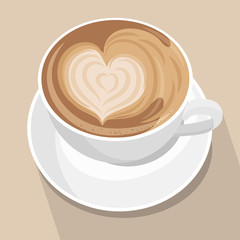Cup of coffee with heart latte art . White cup on brown pastel background. Top view. Vector illustration.