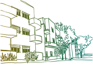 OLd nice street of White city Tel Aviv, hand drawn sketch. Vector illustration.