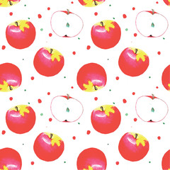 Red and yellow watercolor apple and half apple seamless pattern with dots on white background