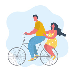 Young man with girl is riding a bike. The concept of healthy lifestyle. People icon. Funky flat style. Vector illustration on a blue background