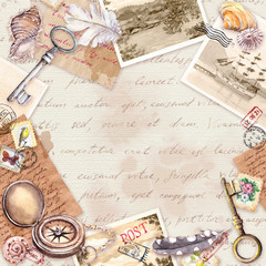 Vintage travel card, blank. Aged paper, compass, hand written letters, old keys, stamps, seals, shells. Letters, feathers