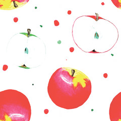 Obraz premium Red, green and yellow watercolor apple and half apple seamless pattern with dots on white background