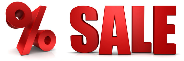 sale 3d text banner sales discount percentage sign percent symbol savings red 3d render graphic tag label isolated on white background