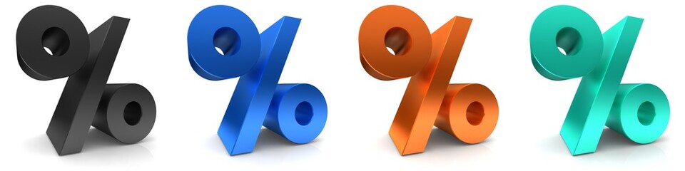 percent sign percentage icon per cent symbol 3d rendering black blue orange turquoise interest rates isolated on white - obrazy, fototapety, plakaty