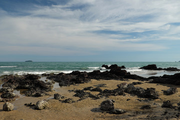 clear blue sky summer beach with trees and rock