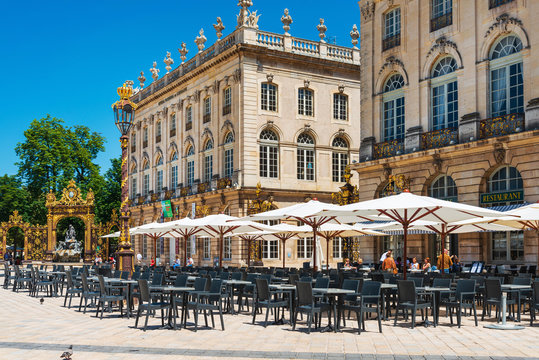 NANCY, FRANCE - June 23, 2018: Outdoor cafe restaurant in Old Town Nancy, France