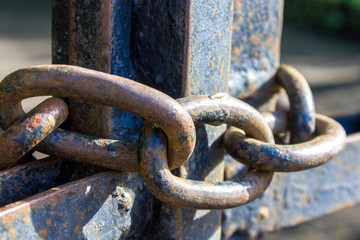 Iron rusty chain on the fence close up