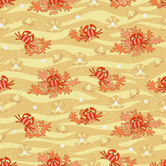 Yellow sunny sand seamless pattern with funny sea world: cartoon crab, pearl, shell, coral, waves, sea bottom. Tile background for your design, fabric textile, wallpaper or wrapping paper.  Vector.