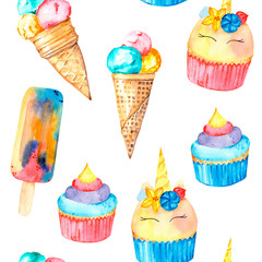 Magic seamless pattern with ice cream, unicorn and rainbow cupcakes. Watercolor illustration. Isolated on a white background.