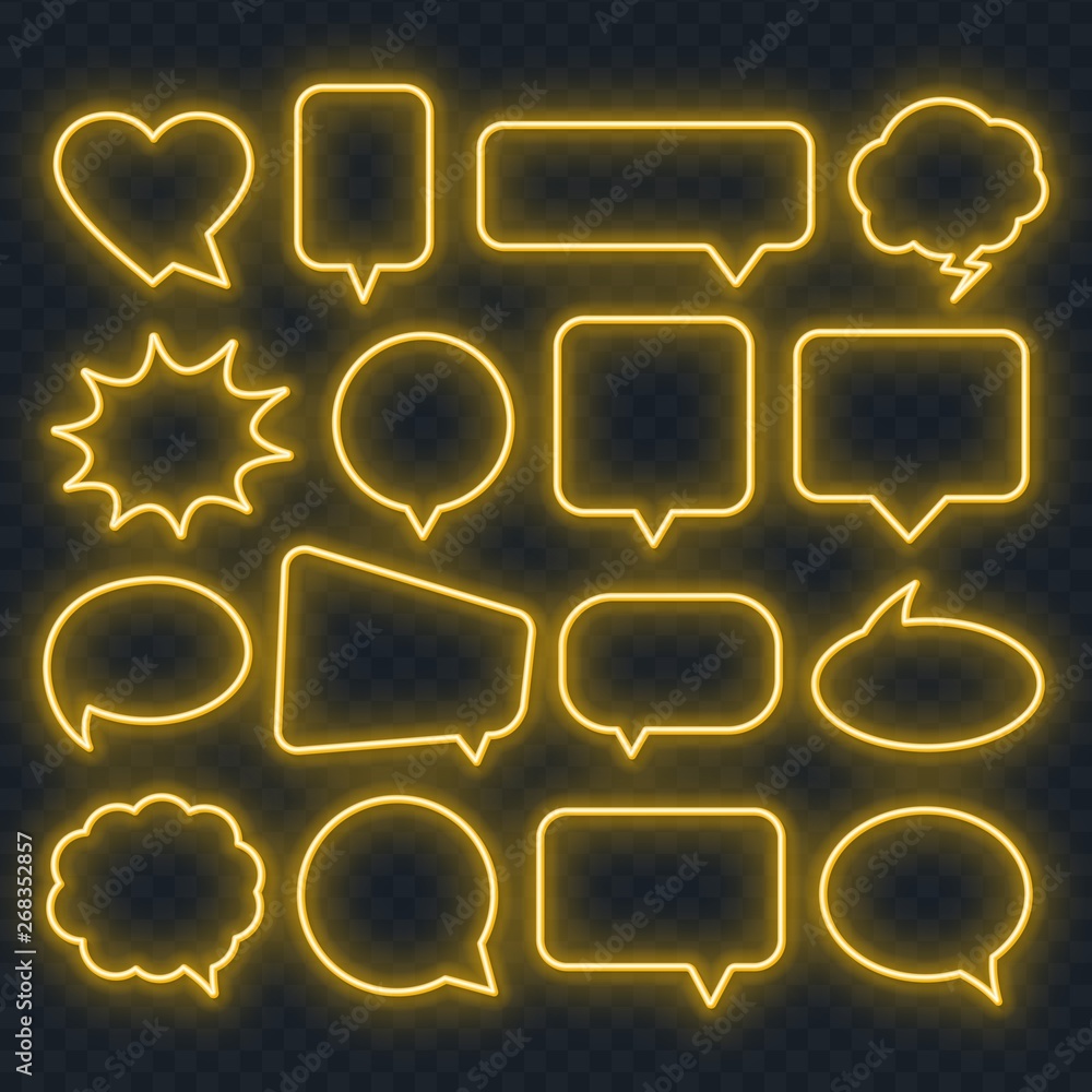 Poster neon yellow speech bubble frame on a transparent background. bright light frames for quotes and text