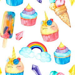 Magic seamless pattern with ice cream, unicorn and rainbow cupcakes. Watercolor illustration. Isolated on a white background.