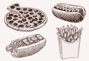 Graphical vintage set of fast food , vector sketchy illustration