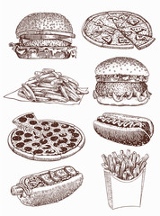 Graphical vintage set of fast food , vector sketchy illustration