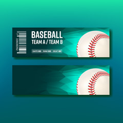 Colorful Ticket Visit Baseball Template Vector. Turquoise Flyer Invitation For See Major League Baseball Postseason Sport. Leather Ball With Seam And Venue Detail Realistic 3d Illustration