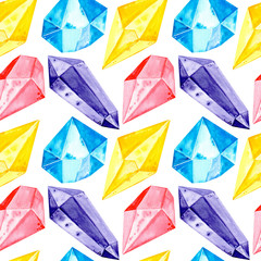 Precious rainbow seamless pattern with 4 crystals: yellow, red, violet and blue. Watercolor illustration on a white background.