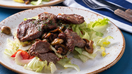 Beef salad with fresh vegetables on a plate.