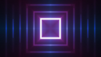 Background of an empty disco scene. Neon square figure in the center of the scene. Neon light smoke. Dark abstract futuristic background