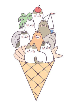 Cartoon cute summer cats and ice cream vector.