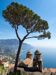 Italy, April 2019: The Villa Rufolo in Ravello has fantastic views down the Amalfi Coast from its gardens and terraces. Wagner wrote some of his operas staying at the Villa Rufolo