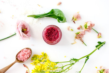 Homemade natural lip scrub,  Handmade cosmetics, top view,  flat lay