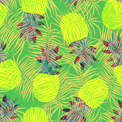 Fototapeta na wymiar Pineapple and palm leaves seamless tropical pattern, creative watercolor pineapples on green background.