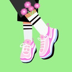 Female or male legs in the sneakers and short pants. Cool bright sport footwear. Stylish platform shoes. High white socks and flowers. Hand drawn vector colored trendy illustration. Flat design