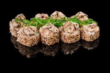Sushi Roll - Maki Sushi pieces collection with Salmon Roe, Smoked Eel, Cucumber, Cream Cheese, Sesame, Avocado, Onion Fries, Crab Meat, Tobiko isolated on black background - Image