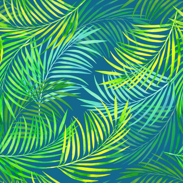 seamless pattern of tropical palm leaves on blue cool background, beautiful coconut palm leaves watercolor texture.