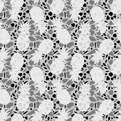 black and white seamless fruit pattern, pineapples on mosaic background