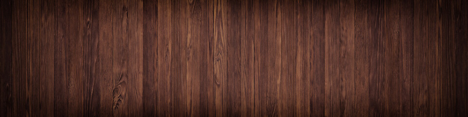 Dark texture wall of brown plank, background wooden surface,  panoramic view