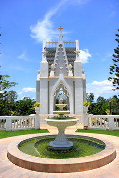 Nakhon Ratchasima, Thailand - May 10, 2019: Outdoor around the church of the Blessed Nicholas Bunkerd Kitbamrung Church Through the Archways in Khao Yai.