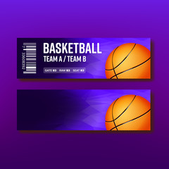 Colorful Ticket Visit Basketball Template Vector. Dark Blue Card Invitation For See Major National Basketball Match. Orange Playing Ball And Venue Details Realistic 3d Illustration