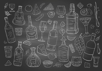Set of hand drwan different alcohol drinks and bottles on chalkboard.