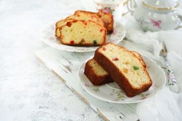 Piece of Pound dry fruit cake or Indian Tutti Frutti cake, selective focus