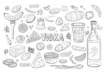 Russian vodka and diferent food elements black and white isolated on white.