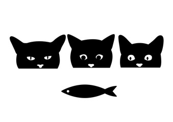 Hungry cats are looking at fish. Silhouette of a cat's head. Vector illustration