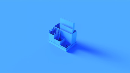 Blue Desk Tidy with Pens Tape and Notepads 3d illustration 3d rendering