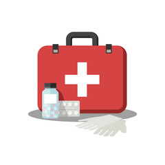 Obraz premium Health care illustration. Flat icons of medical box and pharma medicine icons