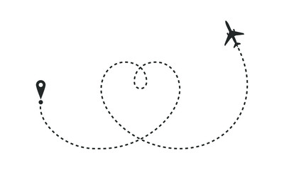 Airplane drew the heart. Airplane route in dotted line shape. Abstract airplane flying  on white background. Travel concept. Vector illustration