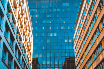 glass skyscraper framed by orange office or finance buildings