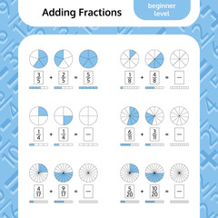 Fototapeta na wymiar Adding Fractions Mathematical Worksheet. Coloring Book Page. Math Puzzle. Educational Game. Vector illustration.