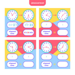 Elapsed time and Telling time worksheet for kids. Understanding analog and digital clocks. Educational Game Set. Math game. Vector illustration.