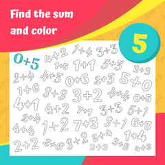 Find the sum and color addition worksheet set. Coloring book page. Math game. Addition, writing and search skills educational exercise. Vector illustration.