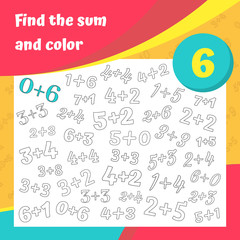 Find the sum and color addition worksheet set. Coloring book page. Math game. Addition, writing and search skills educational exercise. Vector illustration.