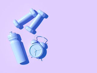 Creative layout made of Sport tools on Blue pastel background. Concept flat lay sport. Minimal fitness idea. 3d illustration