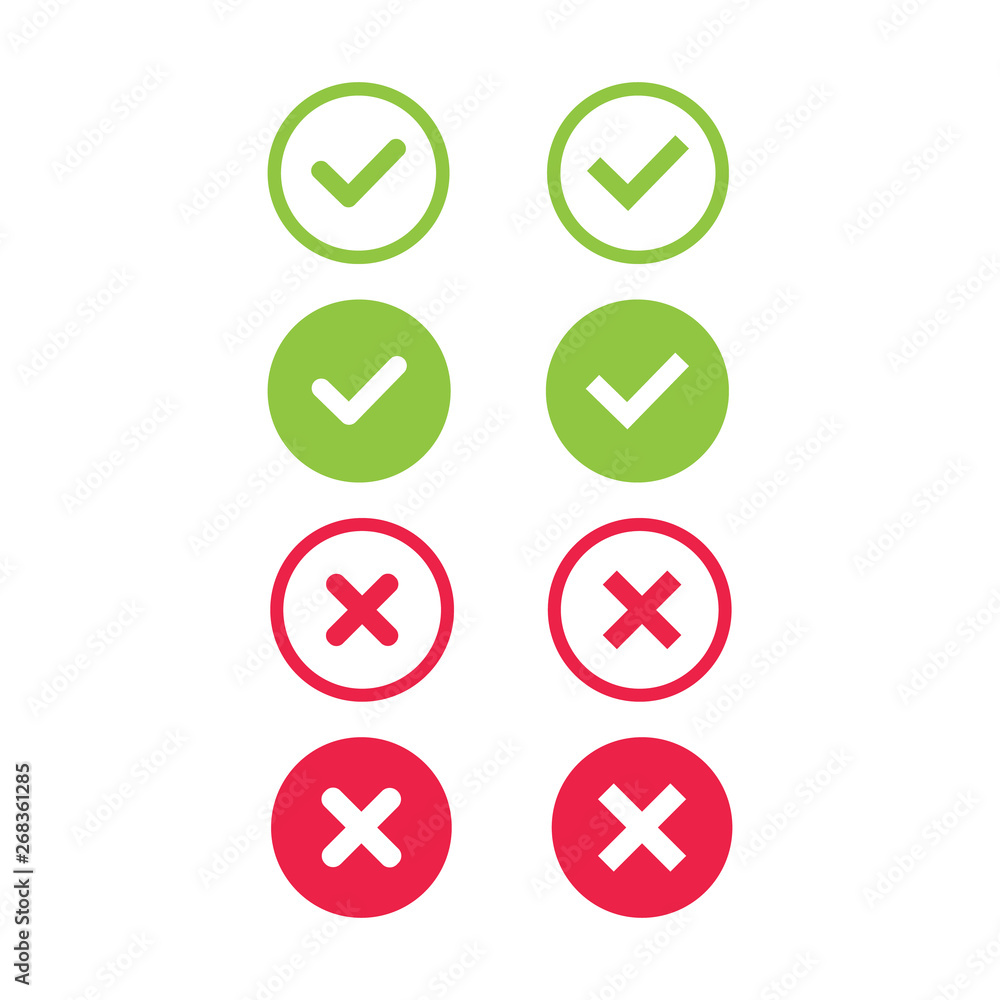Poster large set of flat buttons: green check marks and red crosses. circle, hard and rounded corners. - ve