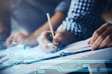 Writing man's hands background with technology icons.