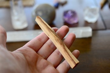 Woman's hand holding a stick of palo santo! Witchy smudging palo santo holy wood. 