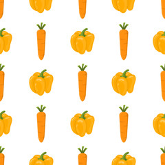 Seamless pattern with fresh carrot and bell pepper vegetables. Organic food. Cartoon style. Vector illustration for design, web, wrapping paper, fabric, wallpaper.