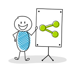 Funny hand drawn stickman with whiteboard and share icon. Vector